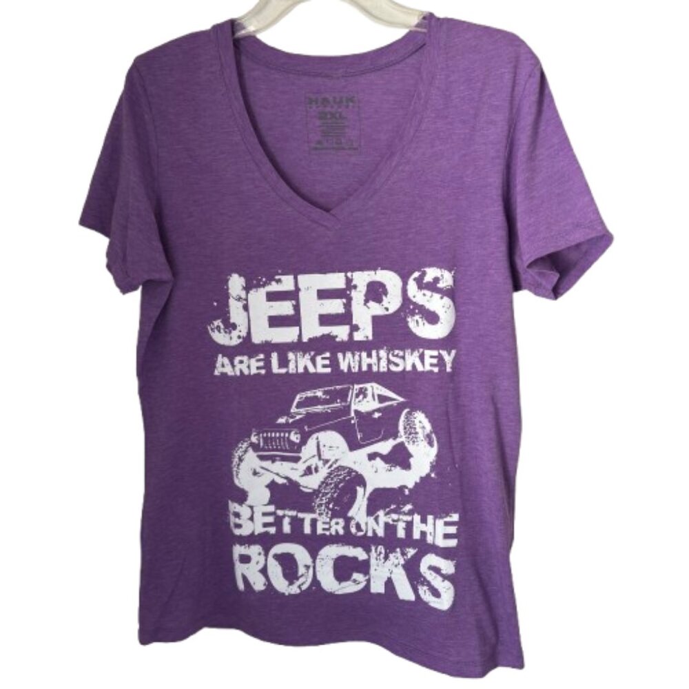HAUK Apparel RIVER RAIDER V Neck JEEPS ON THE ROCKS Purple T Shirt Woman Size XL